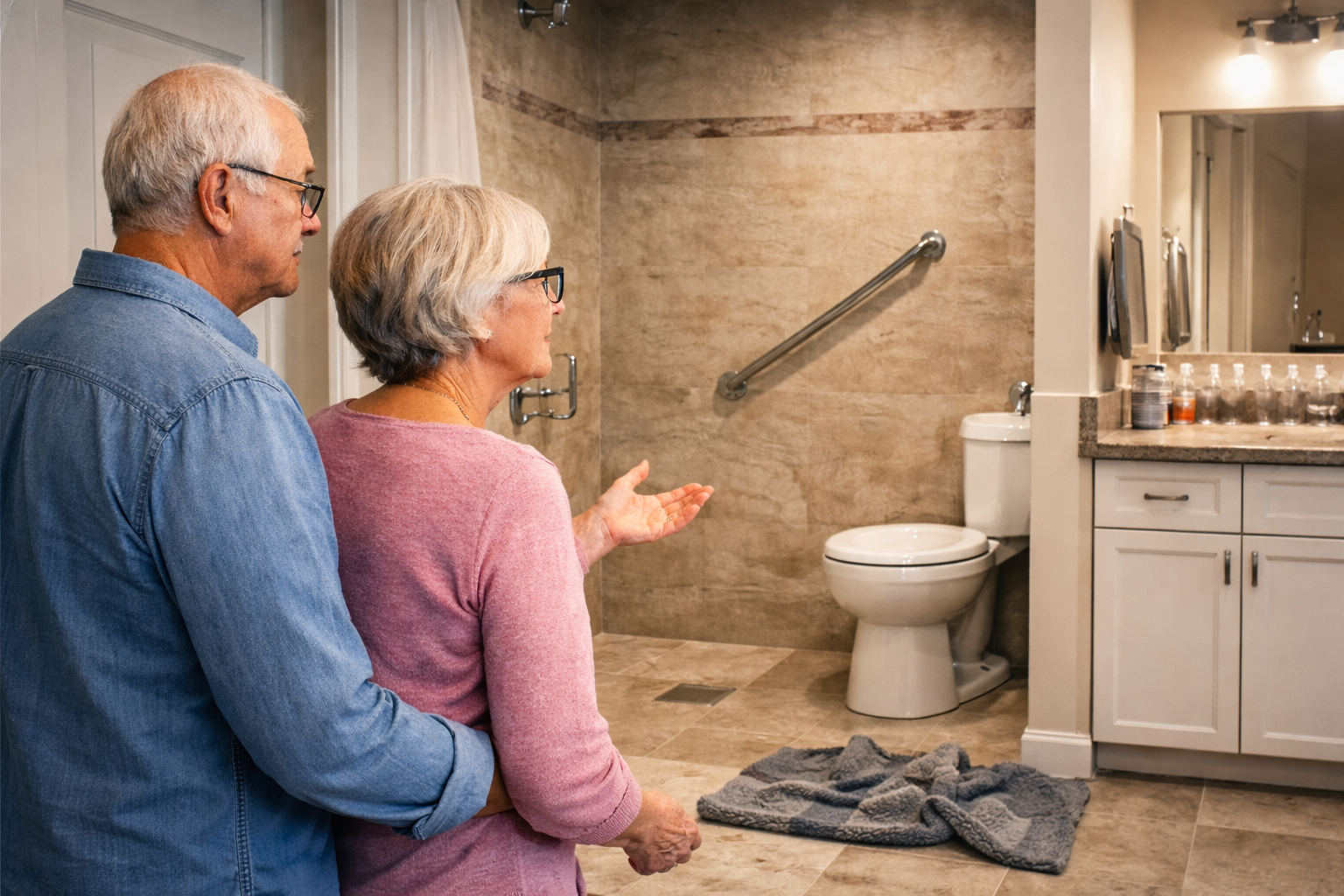 Senior Couple Looking The Wrong Modification Done To Their Bathroom