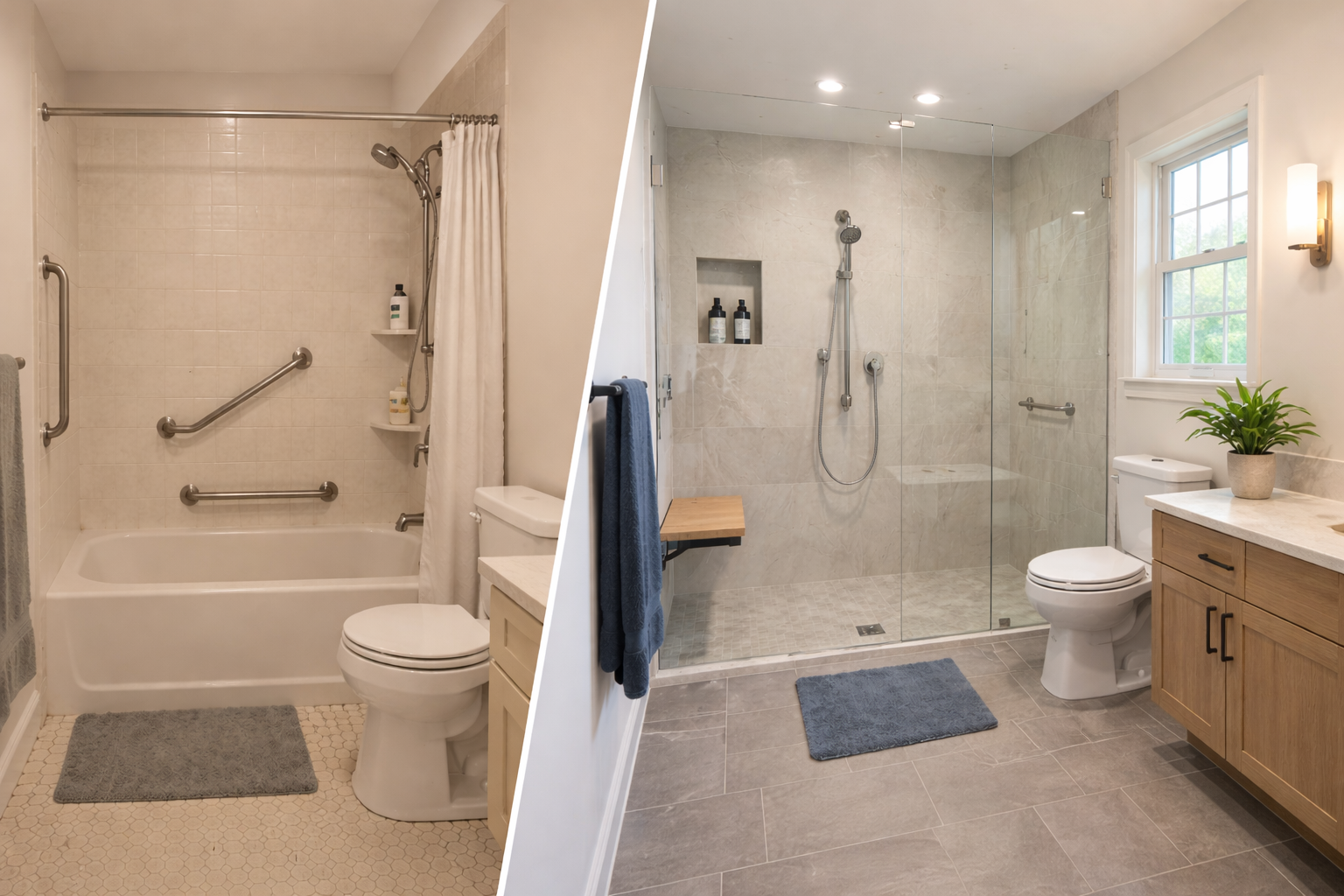 Split View Of A Normal Bath And Senior Accessible Bath