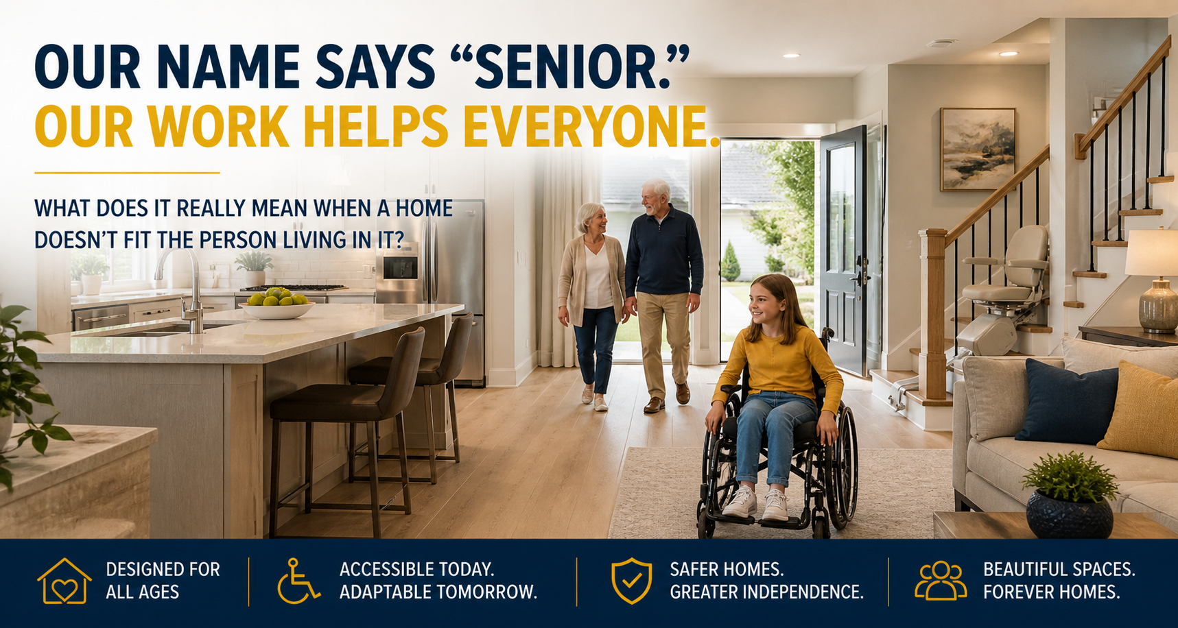 Accessible, modern open-concept home with a young girl using a wheelchair, wide pathways, zero-step entry, and a bright kitchen and living area designed for safe, comfortable living for all ages.