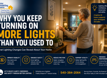 Senior homeowner turning on a hallway light, illustrating how aging in place lighting improvements support visibility, confidence, safety, and independent living.